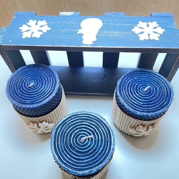 Decorative Wooden Blue Snowman & Snowflake Candle Holder Set With 3 Textured Blu - Picture 12 of 12